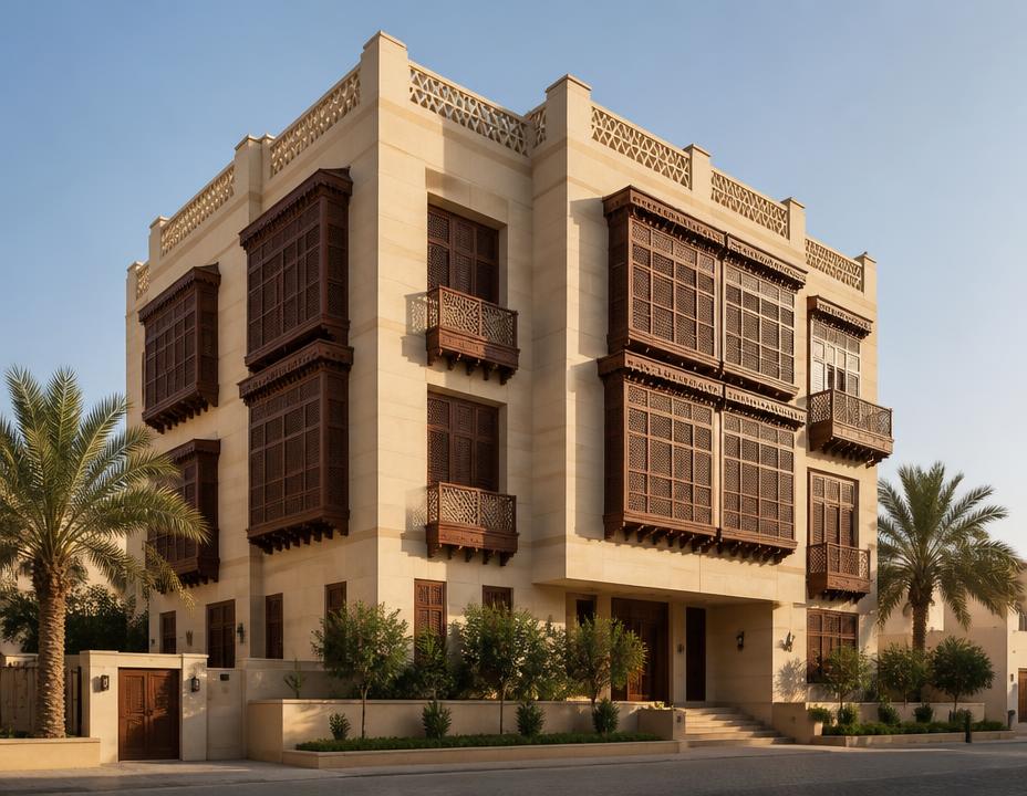 عمارة سكنية حديثة بواجهة حجرية ورواشين خشبية في جدة